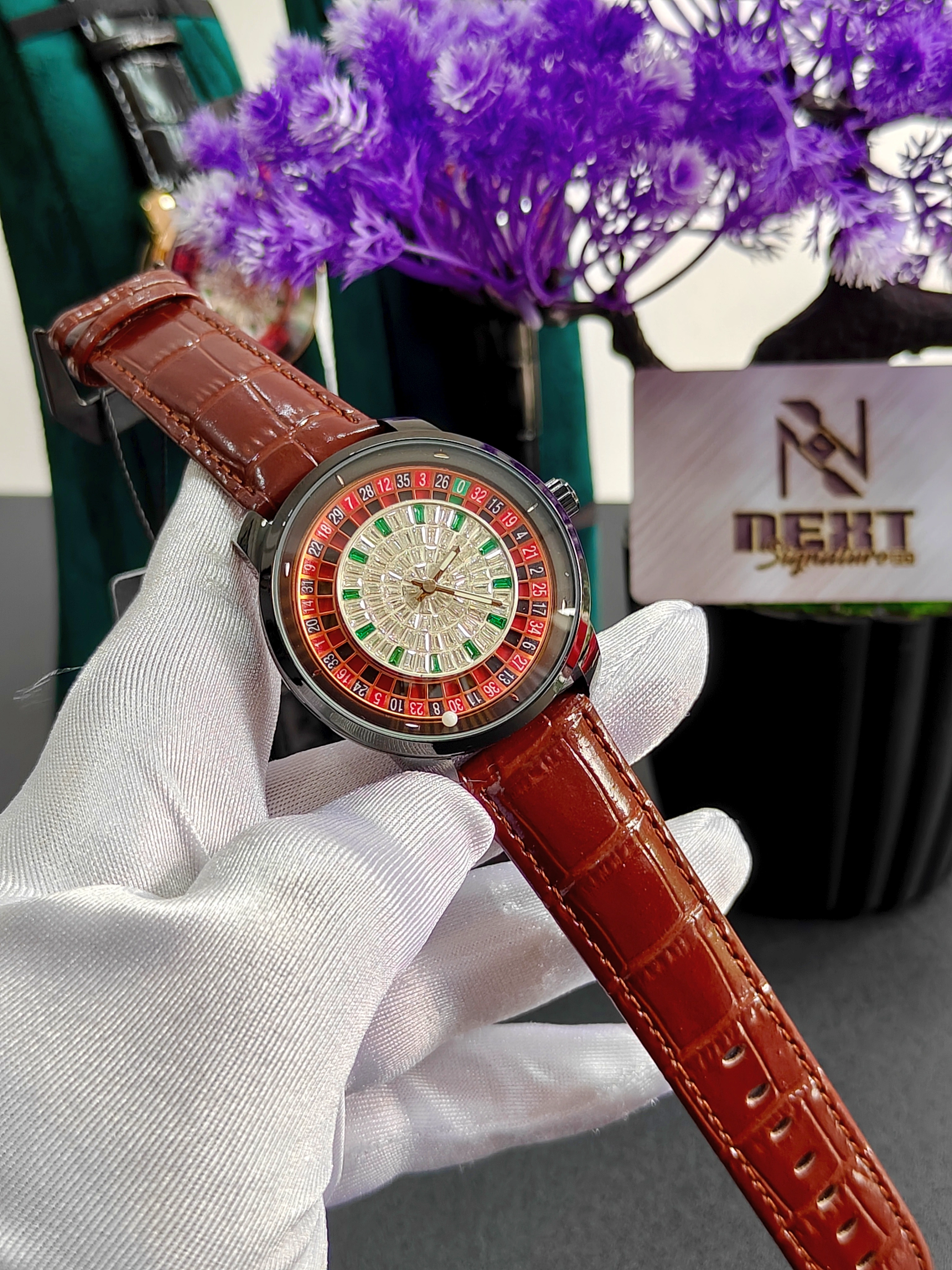 Heryi Premium Brown Leather Casino Stone Watch Rose Body