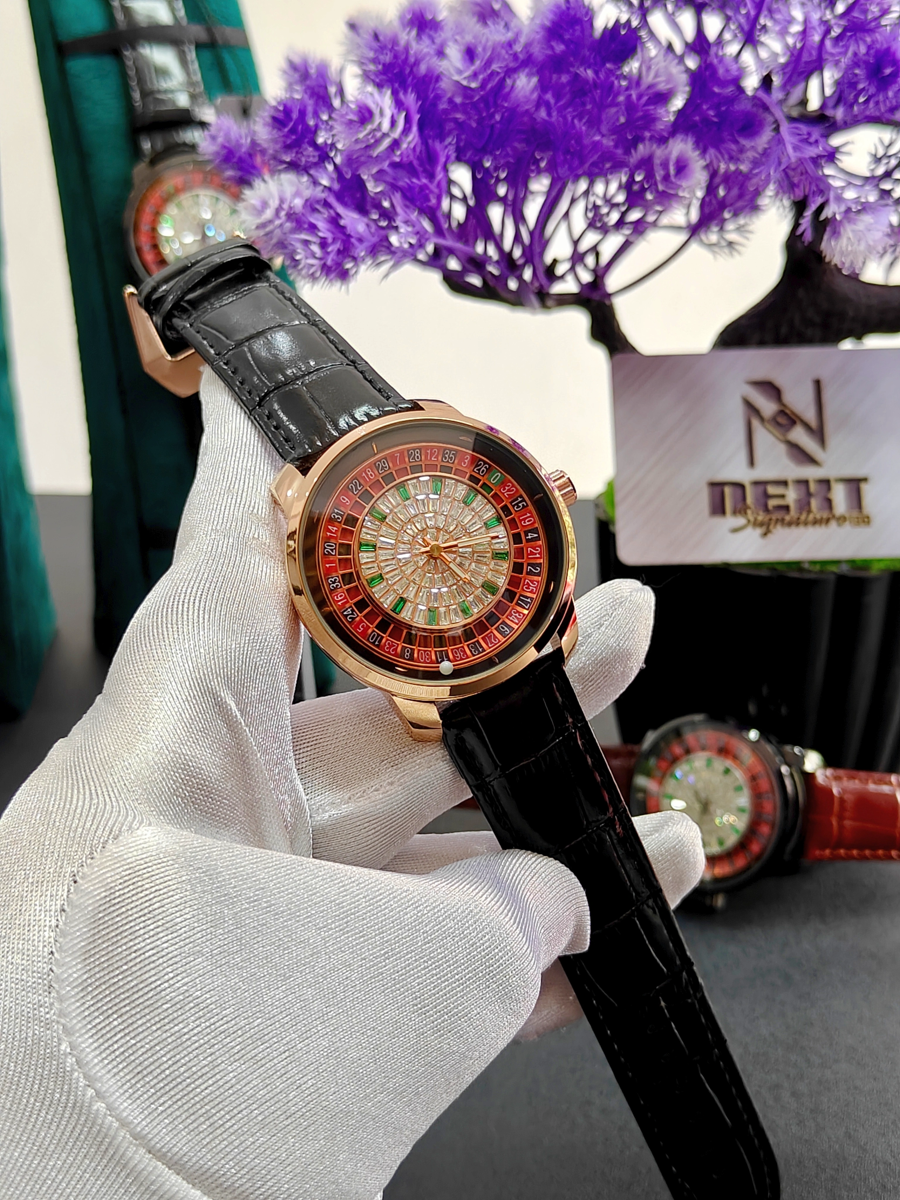 Heryi Premium Brown Leather Casino Stone Watch Black Leather – Rose Gold Edition