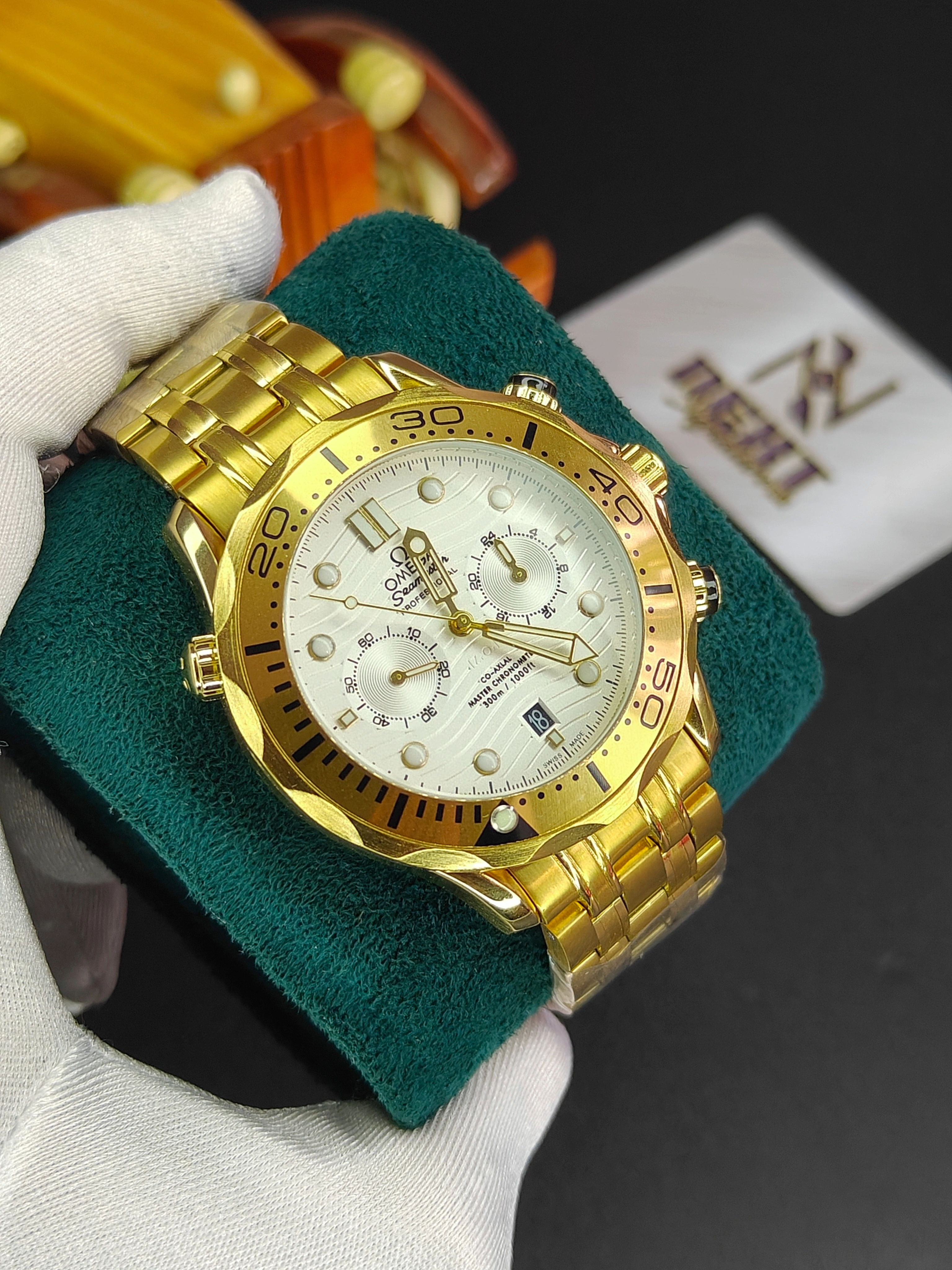 🕒 OMEGA Gold Luxury Chronograph Watch – Full Gold Edition
